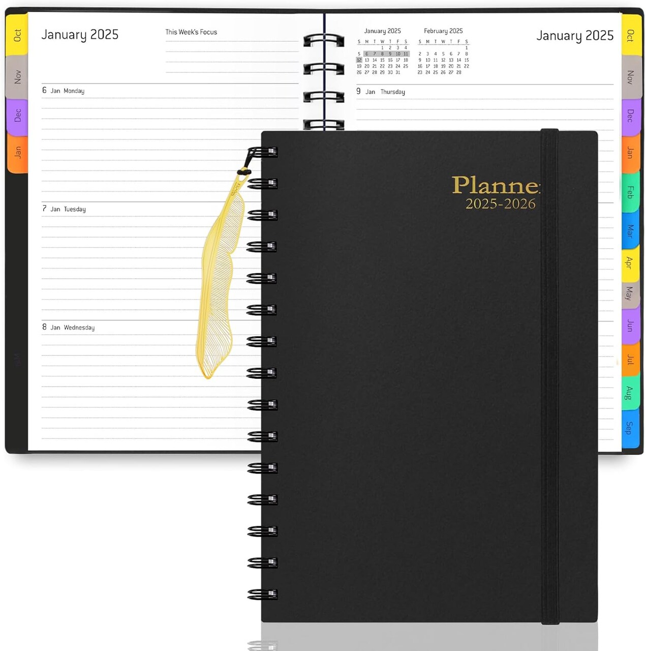 Daily Planner 2025-2026, 15 Month Planner with Tabs, Yearly Monthly Weekly Daily Time Management Planner, January 2025-March 2026, Office Home School Supplies for Women & Men-A5(5.7" x 8.3"), Black, 100GSM Thick Paper, Spiral Bound